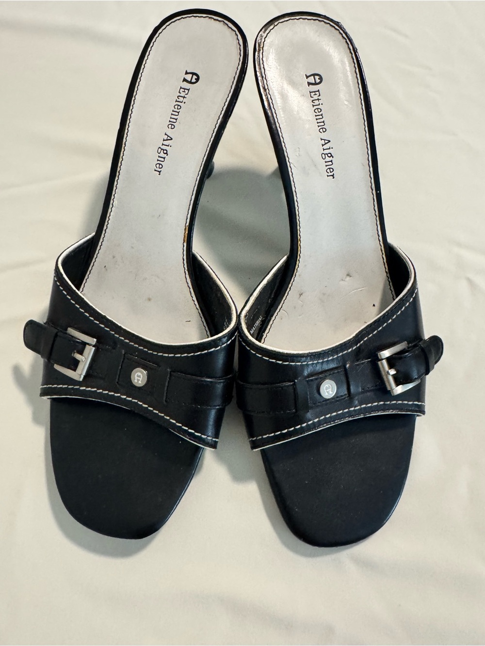 VTG Etienne Aigner Black Leather Kitten Heel Slide Mules with Silver Buckle 8